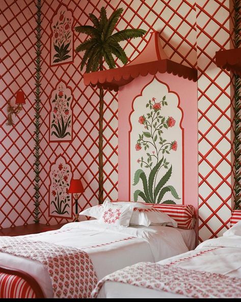 Instagram Villa Palladio, Glamorous Interiors, The World Of Interiors, Twin Bedroom, World Of Interiors, Boutique Hotel, Jaipur, Wall Painting, Bedroom Design