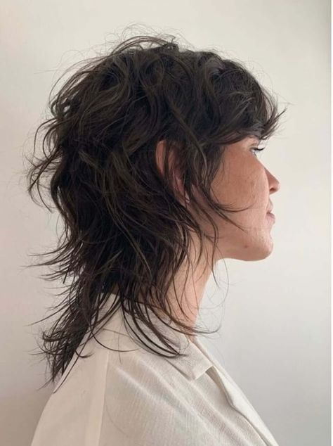 Shag With Red Highlights, Messy Short Shag Hairstyles, Rocker Shag Mullet, Mullet Hairstyle Women Shoulder Length, 90s Mullet Women, Shaggy Wolfcut Mullet, Shaggy Mullet Women, Mullet Medium Hair, Wolf Cut Hair Short Mullet