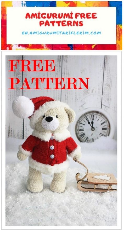 Christmas Bear Amigurumi Free Crochet Pattern - En.amigurumitariflerim.com Bear Amigurumi Pattern, Crochet Baby Doll, Amigurumi Teddy Bear, Teddy Bear Patterns Free, Crochet Christmas Hats, Polar Bear Ornaments, Bear Patterns Free, Crochet Toys Free Patterns, Christmas Plush Toys