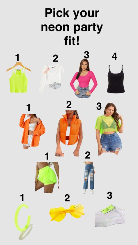 80s Glow In The Dark Party Outfit, Neon Birthday Outfit Ideas, Neon Party Dress Ideas, Cute Glow In The Dark Outfits, What To Wear To A Neon Party, Neon Party Outfits Aesthetic, Neon Disco Party Outfit, Glow Theme Party Outfits, 90s Neon Outfits