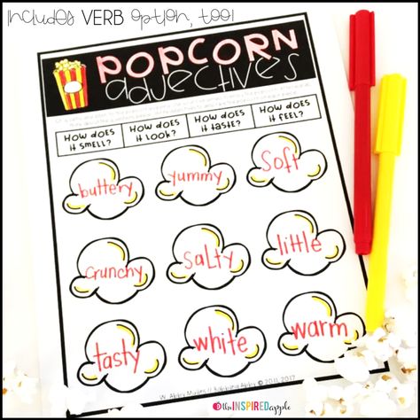 Teaching Adjectives and Verbs Popping Popcorn, Teaching Adjectives, Teaching Verbs, Popcorn Words, Writing Sentences, Abstract Concept, Slp Ideas, Teaching English Grammar, Alphabet Songs