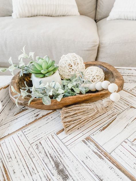 Wooden Bowls Decor Ideas, Wooden Bowls Centerpiece, Small Dough Bowl, Wood Coffee Table Decor, Wooden Bowls Decor, Coffee Table Centerpiece Ideas, Dough Bowl Decor, Farmhouse Coffee Table Decor, Dough Bowl Centerpiece