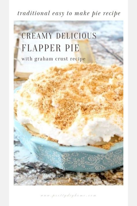 A whole flapper pie with a thick meringue thats covered with the best graham cracker crust crumbs on top of a golden meringue  The pie is in a soft blue ceramic baking dish. Graham Wafer Pie, Flapper Pie Recipe, Graham Cracker Cream Pie, Best Graham Cracker Crust, Graham Wafer Crust, Vanilla Pie Filling, Graham Cracker Crust Pie Recipes, Lemon Custard Pie, Tart Shells Recipe