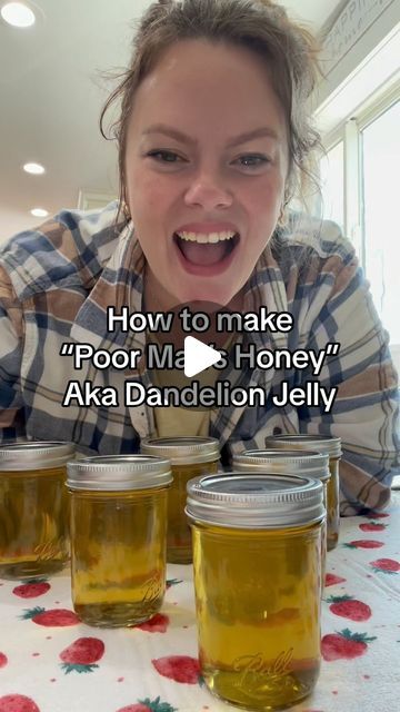 Mandy ✨ on Instagram: "How to make Dandelion Jelly!  Often referred to as “poor man’s honey” because it taste very much like honey!  Jelly’s and Jams are my favorite things to make and persevere. Catch me all summer long making batches of different ones. I love jam and jellies because they are easy and also make fantastic gifts. My favorite gift to give is a loaf of homemade bread with a jar of jam. I’ve never met a person who doesn’t absolutely love that gift!!  Anyways, here’s the ingredients for the dandelion jelly: 3-4 cups of dandelion petals - JUST THE PETALS 4 cups of water - boiling when you add it to the petals 1 box of pectin - full sugar/orginal  3 tablespoons of lemon juice  4 cups of sugar  This is such a unique jelly! Give it a try!  #wildflowers #dandelions #homesteader #hom Honey Jelly Recipe, Honey Jelly, How To Make Honey Jelly, How To Make Frozen Honey Jelly, Honey Suckle Jelly Recipe Easy, Honeysuckle Jelly Recipe, How To Make Honey Jelly Bottle, Dandelion Jelly, Honey Water