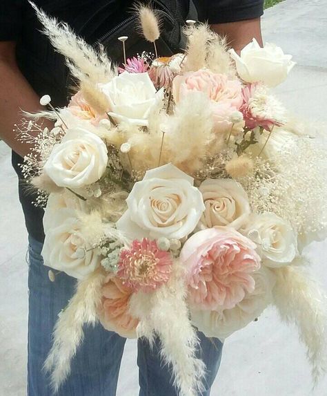 Pampas And White Roses, Pampas Grass And Rose Bouquet, Pink Roses And Pampas Bouquet, Pink Flowers With Pampas, White And Blush Bridal Bouquet With Pampas, Rustic Bride Bouquet, Blue And White Roses, White Rose Wedding Bouquet, White And Pink Roses