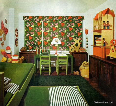 Playroom, workroom, bedroom (1965) - Click Americana 70s Kids Room, 1970s Nursery, Mod Bedroom, 1930s Bedroom, 60s Room, 1960s Bedroom, California Bedroom Style, Retro Kids Room, Vintage Playroom