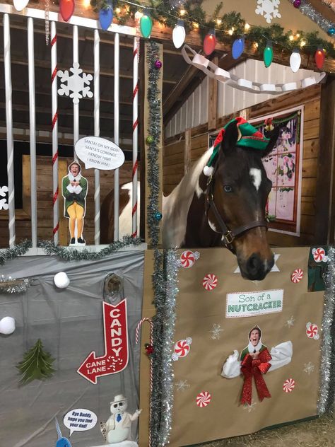 For 2018, I decorated our stall with a theme from the movie “Elf”. Apache was Buddy the elf. Such a fun theme! Christmas Horse Stall Decorating Ideas, Horse Stall Christmas Decorations, Christmas Horse Stall, Horse Stall Decorations, The Movie Elf, Stall Decorations, Horse Costume, Barn Party, Horse Stall