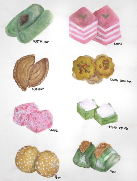 #kuih #malaysia #watercolorartpaintings Kuih Muih Illustration, Kuih Muih Drawing, Malaysian Doodle Art, Congkak Art, Malaysia Drawing, Malaysia Poster, Malaysia Art, Kuih Lapis, Dessert Logo