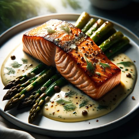 Savor the ocean's finest with our Pan-Seared Salmon, cooked to golden perfection. Complemented by earthy roasted asparagus and drizzled with a zesty lemon-dill sauce, this dish promises a symphony of flavors. Fresh, wholesome ingredients come together to offer a meal that's both nutritious and delectable. Perfect for seafood lovers and gourmet enthusiasts alike. Dive into this culinary delight that marries the best of land and sea Salmon Entrees Fine Dining, Fish Dishes Fine Dining, Salmon Fine Dining, Salmon Presentation, Fish Fine Dining, Fancy Fish Dinner, Salmon Plating, Salmon Entrees, Seafood Fine Dining