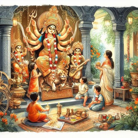 durga puja water color painting Ma Durga Painting, Durga Puja Painting, Durga Puja Drawing, Durga Pandal, Competition Drawing, Durga Art, Shiva Drawing, Devi Maa, Ma Durga