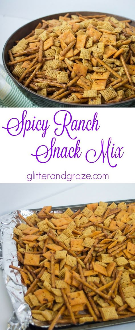 Spicy Ranch Snack Mix - Glitter and Graze Spicy Ranch Snack Mix Recipes, Homemade Chex Mix Recipe Spicy, Ranch Snack Mix Recipes, Spicy Ranch Crackers Recipe, Ranch Chex Mix Recipes, Chex Mix Recipes Spicy, Spicy Chex Mix, Ranch Chex, Party Mix Recipe