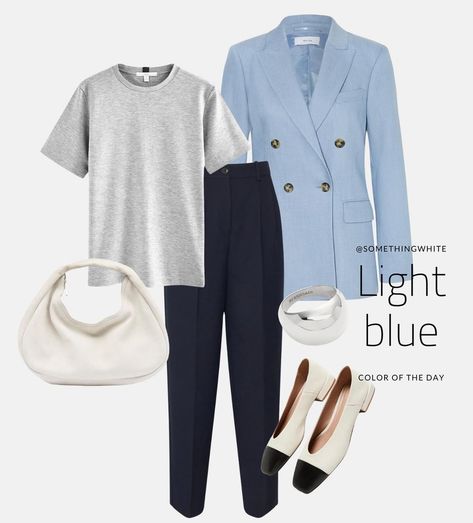 Light Blue Blazer Outfits For Women Work, Baby Blue Blazer Outfit, Light Blue Blazer Outfits For Women, Light Blue Blazer Outfit, Casual Outfit Capsule, Blue Blazer Outfits For Women, Outfit Capsule Wardrobe, Blazer Casual Outfit, Blue Blazer Outfit