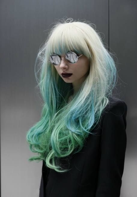 Straight cut bang with loose curls dyed fade from platinum white blonde to teal and aqua gradient "ombre" two tone. Trendy We Fryzurach, Mint Hair, Hair Chalk, Honey Lime, Amazing Hair, Pastel Hair, Hair Nails, Mermaid Hair, Rainbow Hair