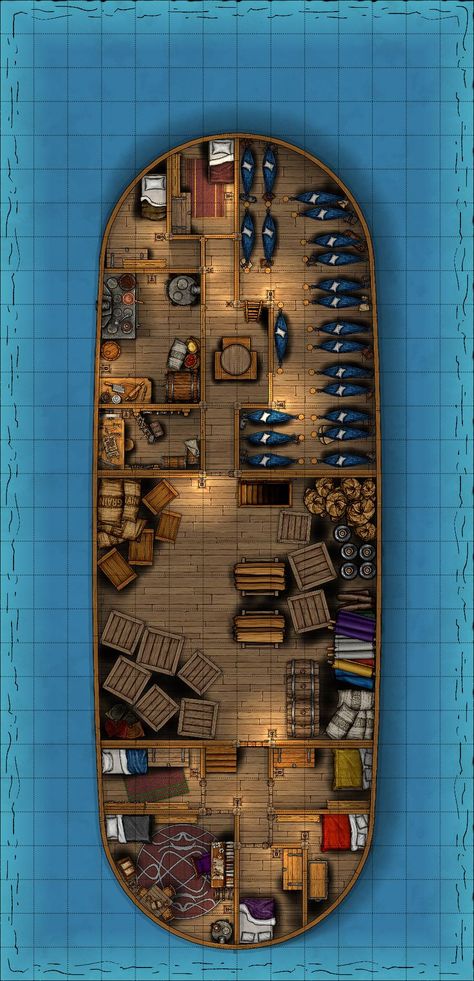 A Dungeondraft created battlemap of a Sloop Upperdeck for a pirate campaign. DnD, RPG Dnd Bard, Pirate Boats, Ship Map, Dnd World Map, Iceland Adventures, Tabletop Rpg Maps, Pirate Adventure, Rpg Map, Dungeon Maps