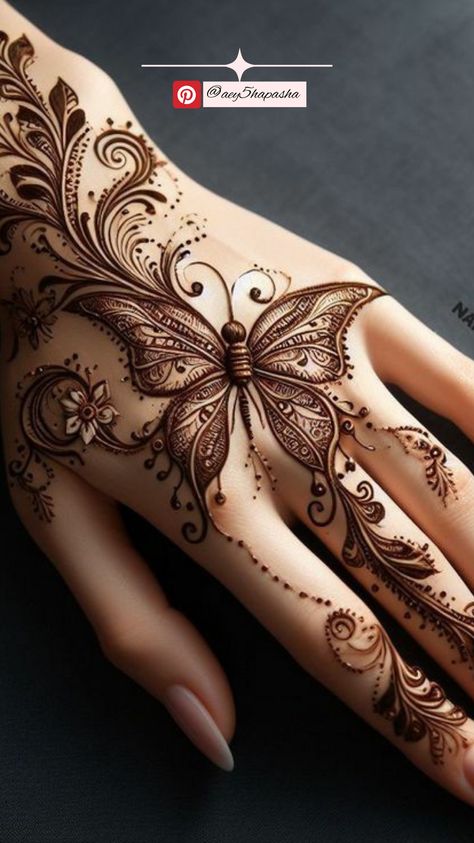 Flutter into summer with this whimsical butterfly design. It's playful, light, and perfect for adding a touch of magic to your look. #ButterflyHenna #SummerHenna #WhimsicalDesigns #HennaArtistry Light Mehandi Designs, Mehendi Butterfly, Butterfly Mehandi Designs, Butterfly Mehendi Designs, Butterfly Mehendi, Mehndi Inspiration, Mendi Design, Hannah Design, Whimsical Butterfly