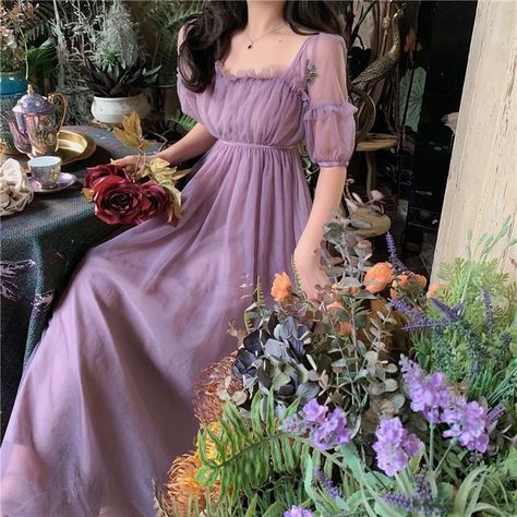 Yuxi - Square-Neck Elbow-Sleeve Maxi A-Line Mesh Dress Purple Cottagecore Dress, Cottagecore Bridesmaid Dress, Purple Tulle Dress, Purple Cottagecore, Dresses Cottagecore, Lilac Bridesmaid Dresses, Holiday Dresses Women, Aesthetic Dress, Tulle Bridesmaid Dress