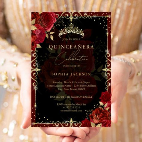 $3.95 | Elegant Royal Red Gold Rose Quinceanera - quinceanera, birthday, 15th birthday, tiara, flowers, pretty quinceanera, red, red quinceanera, red and gold, rose Red Quinceanera Ideas, Quinceanera Red, Rose Gold Quinceanera, Elegant Birthday Invitations, Red Quince, Quince Invitations, Quinceanera Planning, Quince Decorations, Rose Gold Invitations