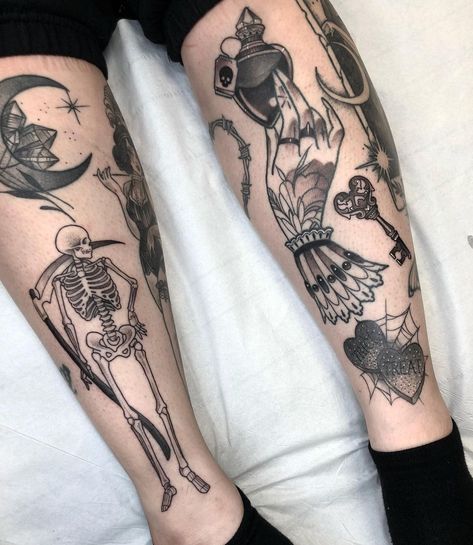 Sticker Leg Sleeve, Matching Leg Tattoos, Patch Work Leg Tattoos, Hand Tattoos Skull, Traditional Leg Tattoo, Lower Leg Tattoos Women, Leg Tattoo Placements, Tattoos Celtic, Tattoos Foot