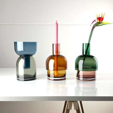 The Flip Vase is a clever design that allows you to use it in multiple ways. By flipping the top upside down you are able to accommodate different sizes of bouquets. By purchasing more color-ways of the Flip Vase you can mix and match the colored glass to create new color combinations. Mid Century Glam, Loft Style Interior, Avocado Plant, Large Bouquet, Perfume Bottle Design, Vase Large, Decorative Vases, Glass Installation, Recycled Bottles