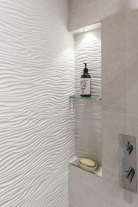 Spa Style Ensuite Surbiton | Luxury Bathroom Suppliers Wavy Tile Bathroom, Rooms Without Windows, Wavy Tile, Large Shower Tile, Spa Inspired Bathroom, Modern White Bathroom, Modern Bathroom Remodel, White Bathroom Tiles, Floating Shelves Bathroom