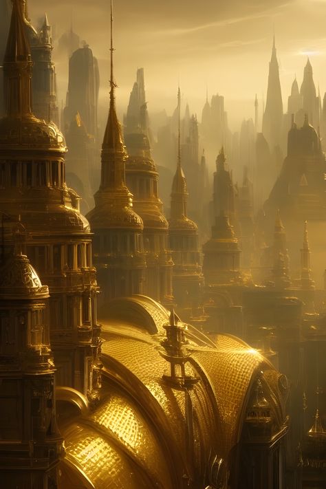 Look over roofs of a golden City Gold City Fantasy Art, Golden Kingdom Fantasy Art, Gold Kingdom Aesthetic, City Of Gold Fantasy Art, Gold Palace Fantasy Art, Golden Age Aesthetic, City Of Brass Aesthetic, City Of Gold, Golden Kingdom Aesthetic