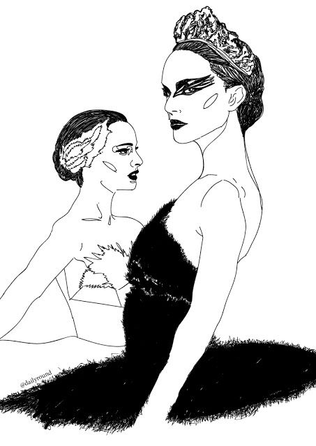 Swan Lake Fanart, Natalie Portman Drawing, Black Swan Illustration, Black Swan Drawing, Black Swan Painting, Cinematic Drawing, Girly Paintings, Black Swan Art, Black Swan Tattoo