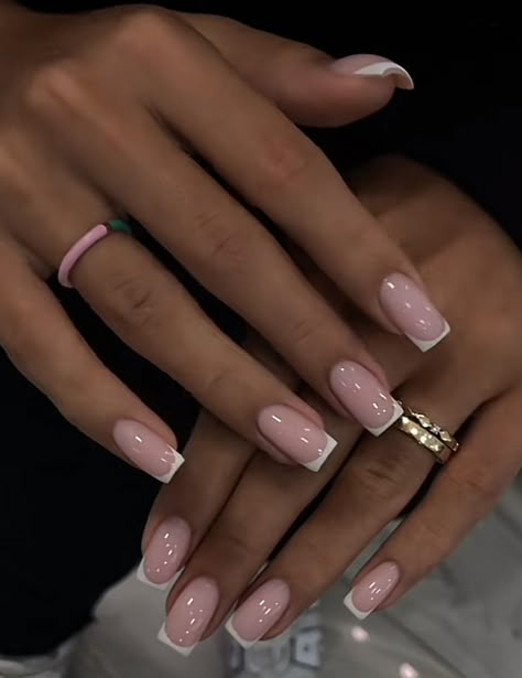 Regular French Nails, Square Small French Tip Nails, Elegant French Nails Design Classy, Russian Square Nails, Beige French Manicure, Square Acrylic French Tip Nails, French Chrome Nails Square, Clean Classy Nails, French Dip Nails With Design