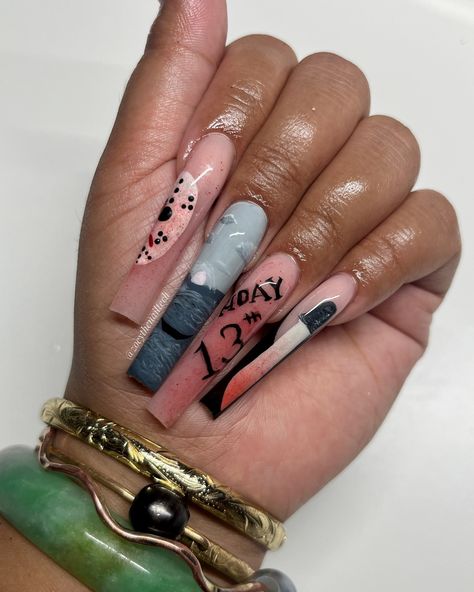 Friday the 13th calls for Jason Voorhees 👻🔪🩸 swipe for the inspoooo using @shopagaloreco 🤎 ultra black slate ultra white ruby red limon code: ZNT to save ♥︎ #nails #halloweennails #fridaythe13th #fallnails Friday The 13th Nails Acrylic, Freddy Vs Jason Nails, Jason Halloween Nails, Jason Voorhees Nails, Jason Nails Halloween, Friday The 13th Nails, Jason Nails, Fresh Nails, Jason Mask