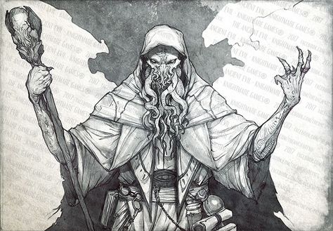 The High Priest of Cthulhu. These creatures lost their last traces of humanity long time ago. The leaders of the cult and the ones in contact with the Old One; they are very dangerous foes and powerful magic users... By Richard Luong - Tentacles and Teeth via The Ancient Evil Cthulhu Tattoo Design, Satanic Priest, Evil Sketch, Cthulhu Statue, Lovecraft Mythos, Cthulhu Tattoo, Lovecraft Monsters, Cthulhu Fhtagn, Cthulhu Art