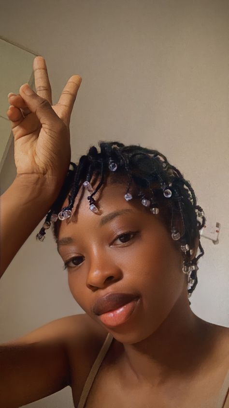 Beads On Short Locs, Short Hair Beads, Mini Twists Natural Hair Short 4c With Beads, Mini Braids With Beads On Natural Hair, Short Beaded Braids, Natural Hair Braids With Beads, Mini Braids On Natural Hair Short, Cornrows Short Hair, Short 4c Natural Hair