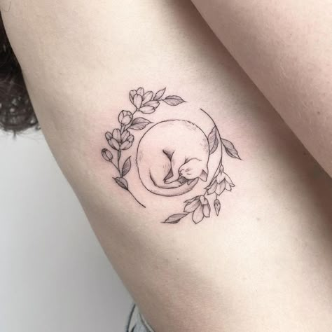 Cat Sleeping In Flowers Tattoo, Flower Cat Tattoo Simple, Cat Rose Tattoo, Sleepy Cat Tattoo, Cat Arm Tattoo, Cat Fine Line Tattoo, Cat Flower Tattoo, Tigerlily Tattoo, Cat Remembrance Tattoo