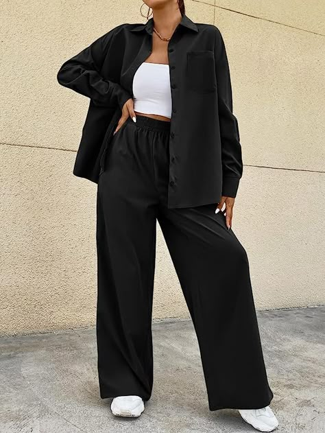 Wide Leg Pants And Blouse Outfit, 2 Piece Outfit Set Pants, Wide Leg Pants Outfit Casual, Patched Shirt, Comfy Trendy Outfits, Two Piece Outfits Pants, Button Down Outfit, Two Piece Dress Casual, Elegant Fashion Outfits