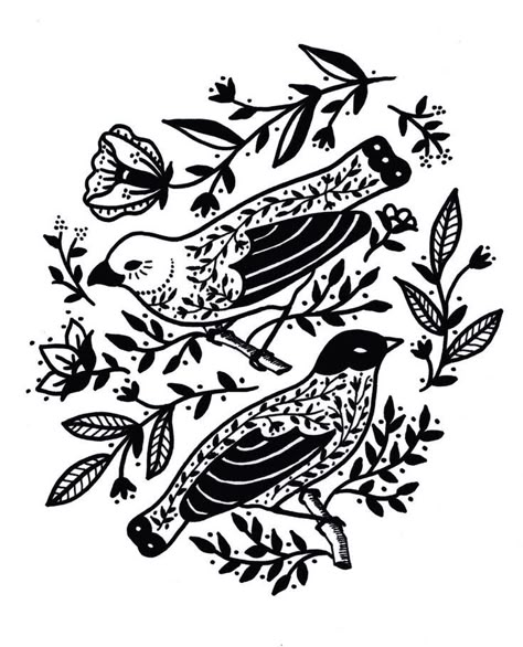 Folk Art Style Tattoo, Folk Tattoo Black, Folk Art Tattoo Flash, Folk Art Bird Tattoo, Ornamental Bird Tattoo, Hungarian Folk Art Tattoo, Black And White Flash Tattoo, Folk Floral Tattoo, Folk Bird Tattoo