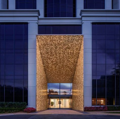 Perforated Metal Panel, Facade Ideas, Exterior Facade, Metal Facade, Building Entrance, Hotel Entrance, Facade Lighting, Metal Screen, Entrance Design