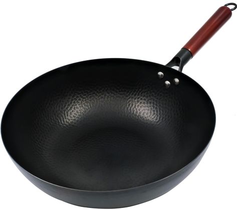 PRICES MAY VARY. HANDLES HIGH HEAT AND SCRATCHES - Carbon steel wok has no tefflon coating and can sustain super high temperature without damage. You can use metal utensil and no need to worry about scratches. With the proper care, it will last you a life time. Welsteepse Steel Wok Pan, Stir Fry Wok, Carbon Steel Wok, Skillet, No Chemical Coating, Flat Bottom Wok Pan for All Stoves - 13in Wok Pan, Stir Fry Wok, Carbon Steel Wok, Cool Kitchen Gadgets, Steel Material, Cooking Techniques, Skillet, Pots And Pans, Carbon Steel