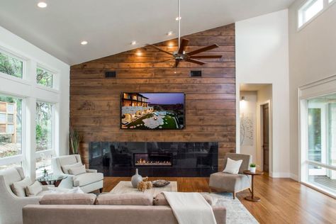 Wood Feature Wall Living Room, Angled Ceiling Living Room, Wood Paneling Living Room, Wood Walls Living Room, Wood Feature Wall, Wooden Accent Wall, Living Space Ideas, Vaulted Ceiling Living Room, Cedar Walls