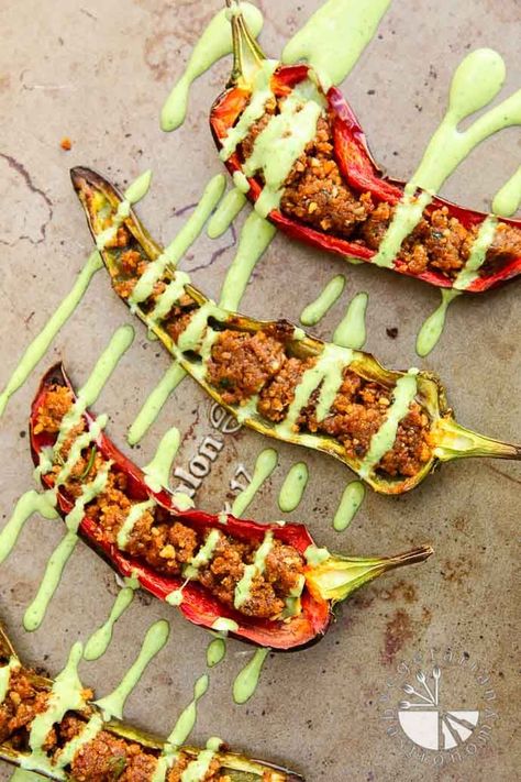 Stuffed Anaheim Peppers w/Creamy Cilantro Tahini Sauce (vegan, gluten-free) | Vegetarian Gastronomy www.vegetariangastronomy | Easy to make and perfect to serve for appetizers! Pepper Recipes Vegan, Anaheim Pepper Recipes, Veggie Stuffed Peppers, Anaheim Peppers, Ground Beef Breakfast, Cooking Vegan, Stuffed Anaheim Peppers, Pepper Recipes, Vegetarian Salad Recipes