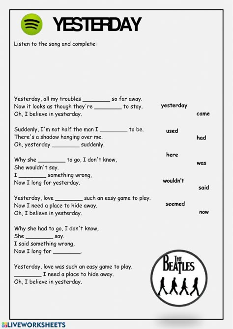 Yesterday Lyrics, Esl Worksheets For Beginners, Song Worksheet, Songs In English, Allan Jackson, Classroom Songs, Simple Past Tense, Simple Past, High School Activities