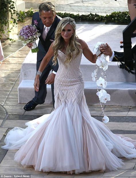 Wrist Bouquet Wedding, Celebrity Wedding Outfits, Tamra Barney, Blush Shades, Tamra Judge, Bridal Cuff, Wrist Corsages, Celebrity Wedding, Trumpet Wedding Dress