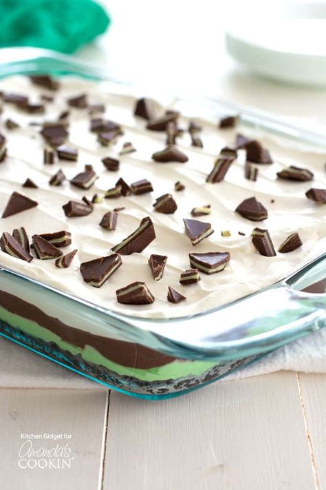 Indulge with this smooth and creamy one-pan Mint Chocolate Lasagna. It's the perfect no bake dessert to bring to a potluck or holiday gathering!