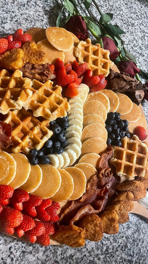 Food Boards Christmas, Charcuterie Board Fast Food, Food Boards For Parties Aesthetic, Hosting Valentine Party, Bridal Brunch Backdrop, Pastry Breakfast Board, Valentines Brunch Charcuterie Board, Baked Goods Charcuterie Board, Chicken And Waffle Charcuterie Board Ideas