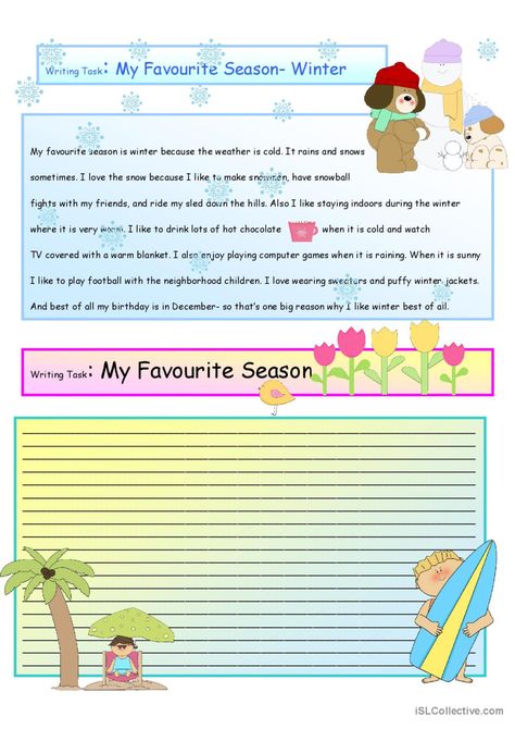 Creative Writing: My Favorite Season…: English ESL worksheets pdf & doc Creative Writing Worksheets, Tv Covers, Writing Book, Favourite Season, Creative Writing Prompts, Writing Tasks, Writing Prompt, Writing Worksheets, Esl Worksheets