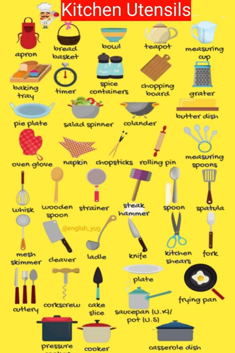 kitchen things name in english Things Name In English, Kitchen Utensils List, Kitchen Essentials List, Food Vocabulary, Culinary Techniques, Kitchen Skills, English Learning Spoken, Kitchen Things, English Lessons For Kids