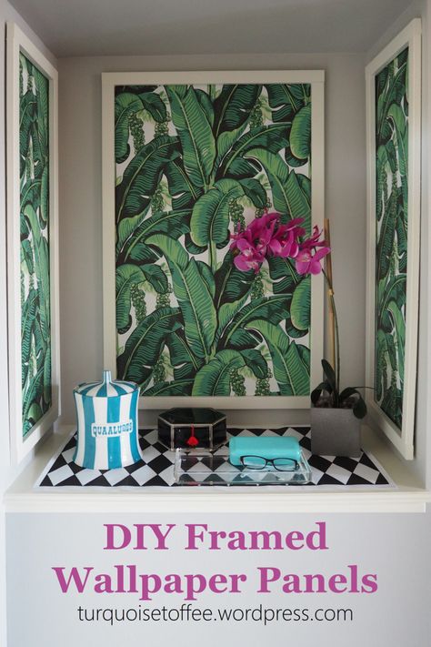 DIY Framed Wallpaper Panels…I am obsessed (OBSESSED!) with Dorothy Draper’s Brazilliance wallpaper. It’s so vibrant and colourful and tropical; such a bold statement and so iconic… Wallpaper Panel Headboard, Framed Wallpaper Headboard, Framed Wallpaper Accent Wall, Wallpaper Pictures Frame, How To Frame Wallpaper, Wallpaper Framed Art, Diy Wallpaper Panels, Wallpaper Frames On Wall, Large Framed Wallpaper