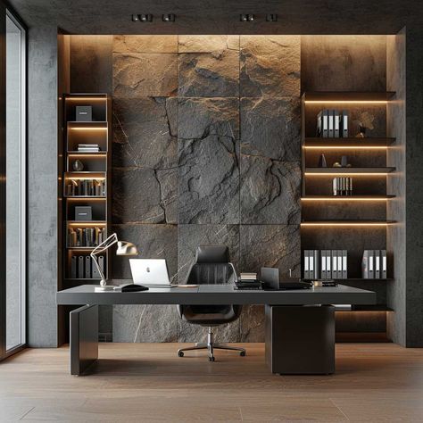 10+ Stylish Stone Accent Walls to Enhance Your Interior Design • 333+ Images • [ArtFacade] Interior Stacked Stone Accent Walls, Office Back Wall, Stone Accent Wall Ideas, Executive Office Design Interior, Stone Accent Wall, Executive Office Design, Accent Wall Ideas, Modern Home Offices, Stone Accent Walls