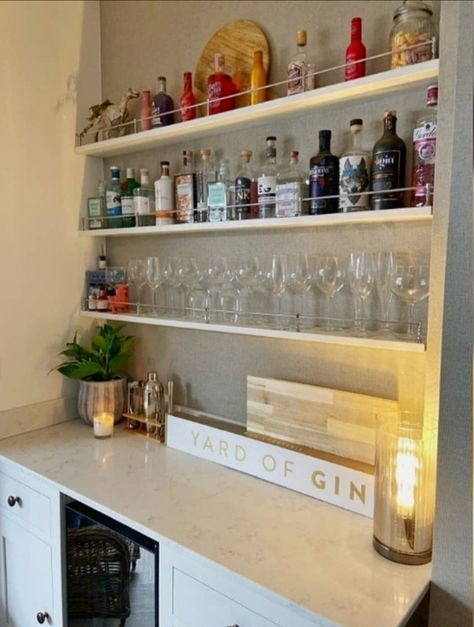 Shelfbar Floating Shelves cleverly used here to create fantastic gin bar Bar Cart Floating Shelves, Kitchen Alcohol Bar Ideas, Cocktail Bar In Kitchen, Gin Shelf Ideas, Cocktail Bar Kitchen, Home Gin Bar, Alcohol Shelf Ideas, Shelves For Alcohol, Conservatory Bar Ideas