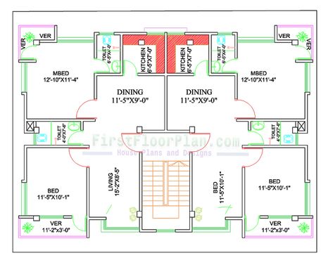 Two Units Village House Plan | 50 X 40 | 4 Bedrooms - First Floor Plan Two Flats House Plans, 2 Unit House Plans, 50×40 House Plan, Double House Plans, 2bhk Apartment Floor Plans, 50x40 House Plans, 2bhk Flat Plan, Two Bedroom Apartment Floor Plans, Village House Plan