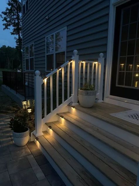 How To Add Solar Lights To Your Existing Deck | Hometalk Patio Ideas Backyard, Deck Stair Lights, Aesthetic Patio, Backyard Solar Lights, Patio Aesthetic, Outdoor Deck Lighting, Solar Powered Outdoor Lights, Solar Yard Lights, Deck Steps