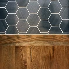 Ideas For Home Black Hexagon Tile To Oak Hardwood Floor Transition Wood Floor Transition Ideas, Tile To Wood Floor Transition, Floor Transition Ideas, Wood Floor Transition, Hexagon Tile Kitchen, Green Hexagon Tile, Hardwood Floors In Bathroom, Floor Transitions, Tile Transition