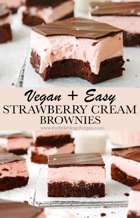 Vegan Strawberry Cream Brownies - The Little Blog Of Vegan Traybake Ideas, Vegan Traybake, Sweet Scones, Strawberry Brownies, Vegan Baking Recipes, Vegan Bar, Small Cakes, Strawberry Cream, Vegan Chocolate Chip